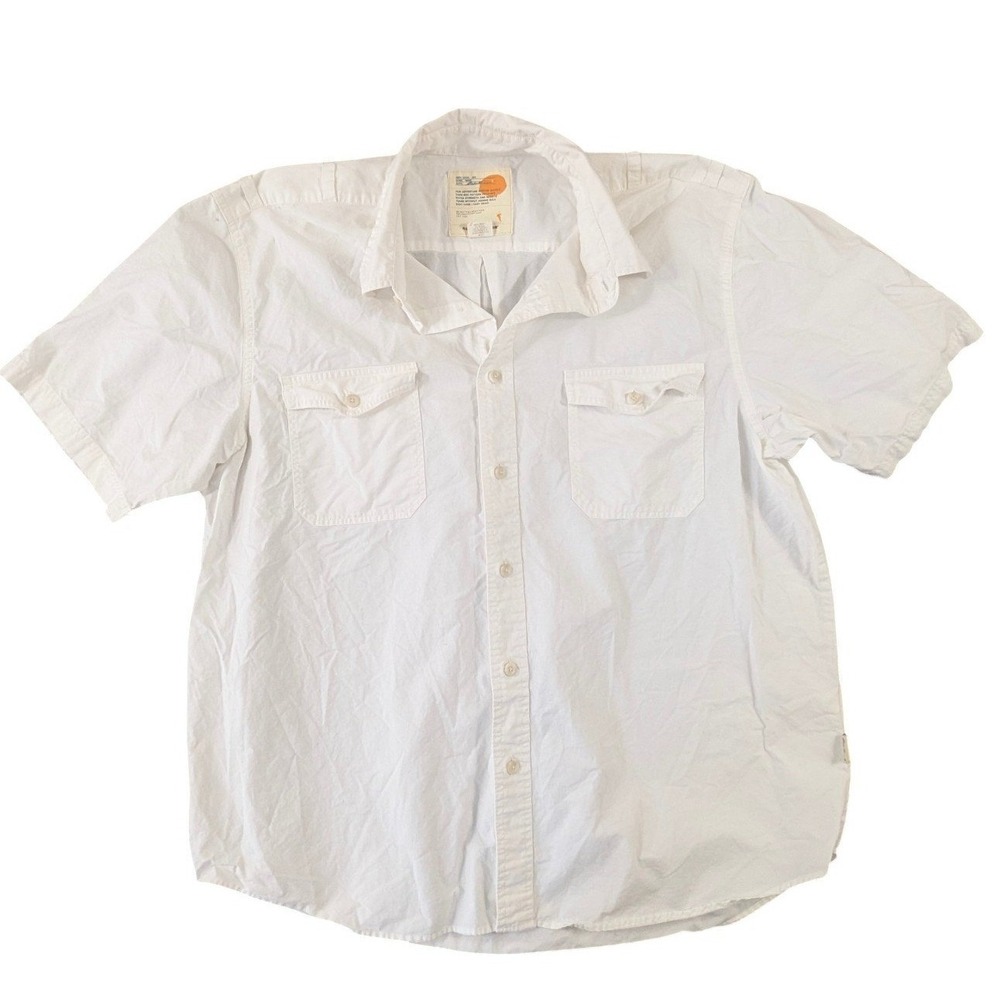 Eddie Bauer Mens XL White Cotton Ripstop Short Sleeve Button Down Shirt Epaulets
